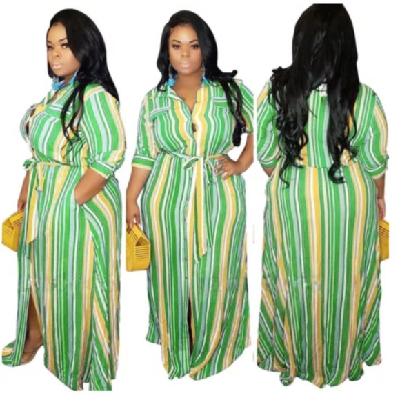 Green and Yellow Maxi Shirt Dress Size 2x - Picture 3 of 7